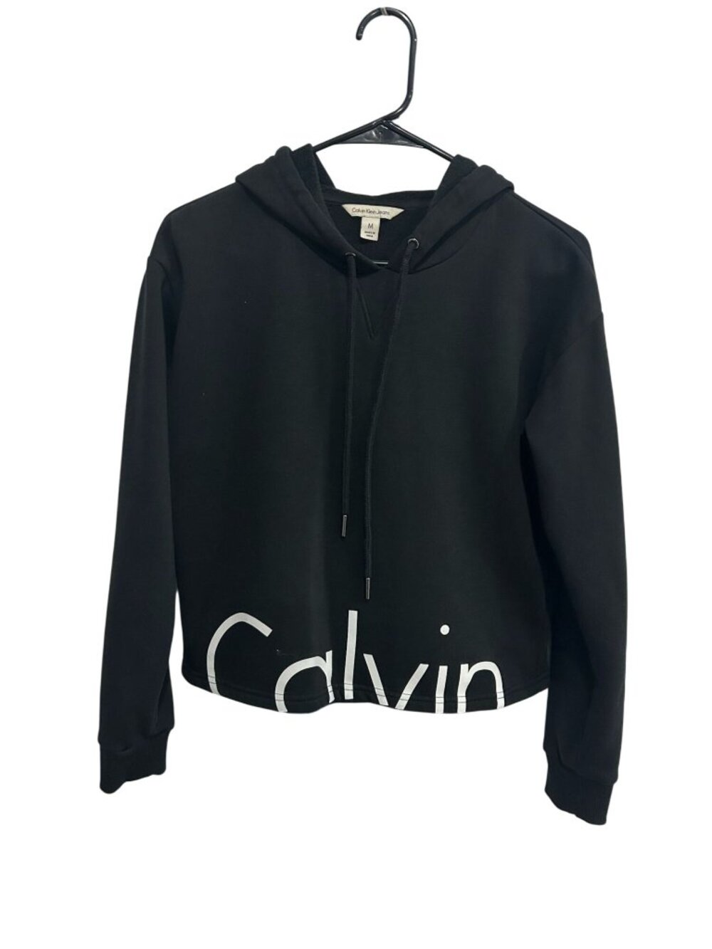 Calvin Klein Jeans Medium Black Cropped Hoodie Logo Cybercore Alt Aesthetic